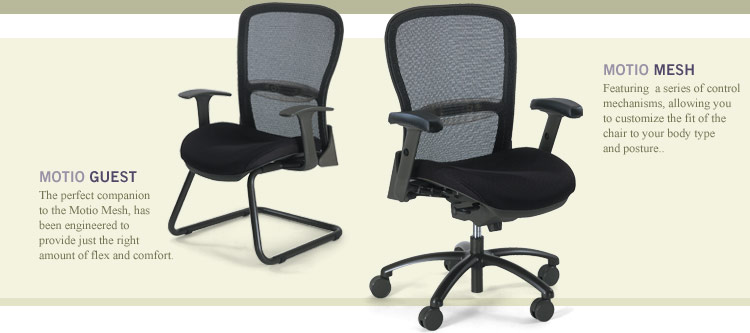 MOTIO MESH: Featuring a series of control mechanisms, allowing you to customize the fit of the chair to your body type and posture. | MOTIO GUEST: The perfect companion to the Motio Mesh, has been engineered to provide just the right amount of flex and comfort.